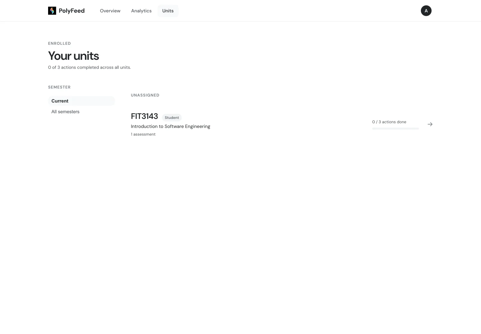 Student dashboard — all enrolled units
