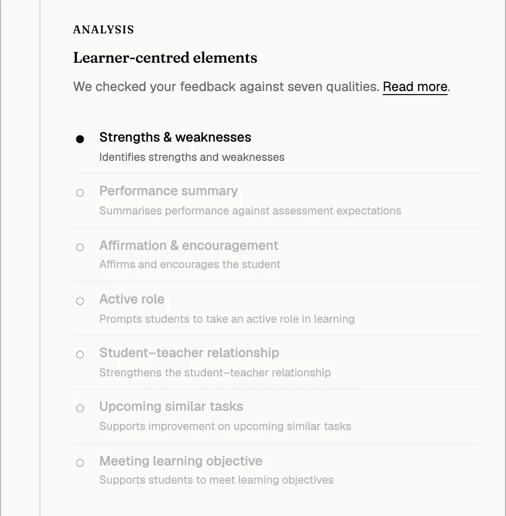 AI checks feedback against seven learner-centred qualities