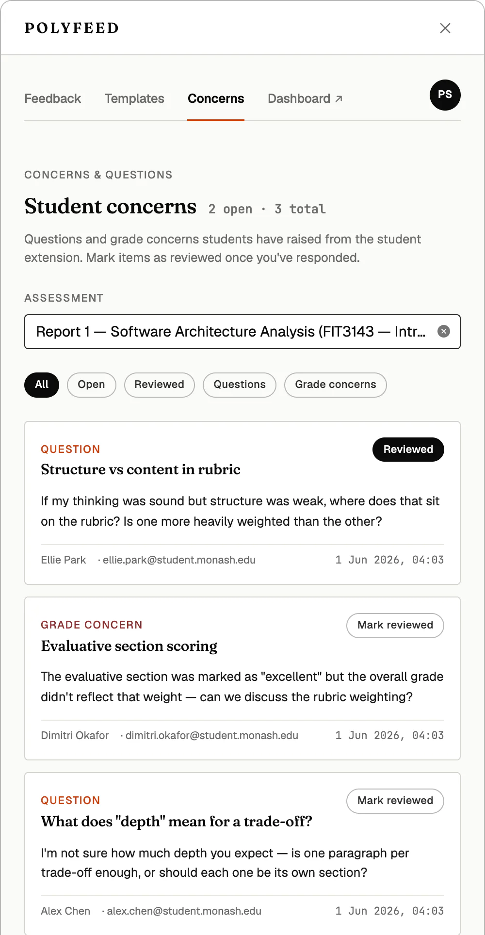 Student questions and grade concerns in the teacher sidebar